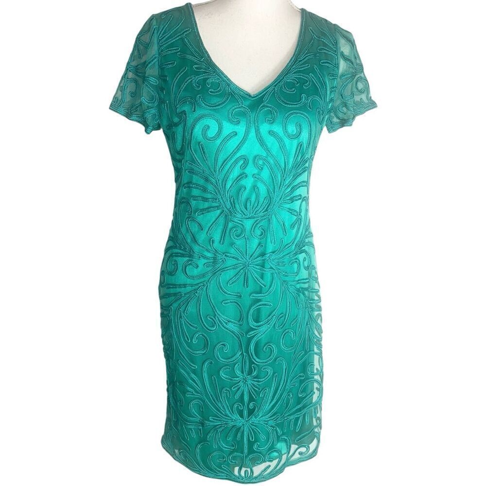 Sue Wong Womens Jade Green Embroidered Sheer Overlay Satin Lined Sheath Dress Si
